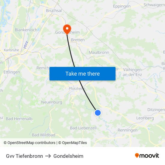 Gvv Tiefenbronn to Gondelsheim map