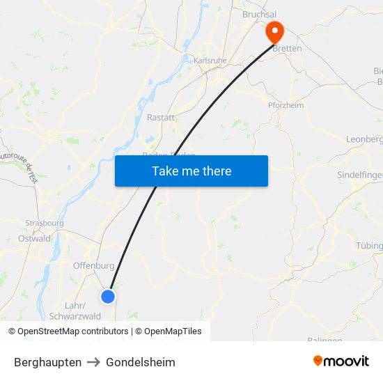 Berghaupten to Gondelsheim map