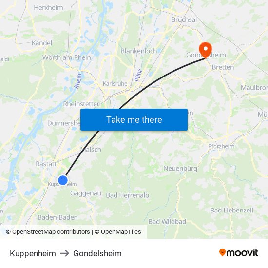 Kuppenheim to Gondelsheim map