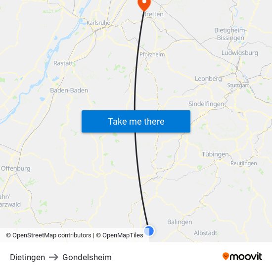 Dietingen to Gondelsheim map