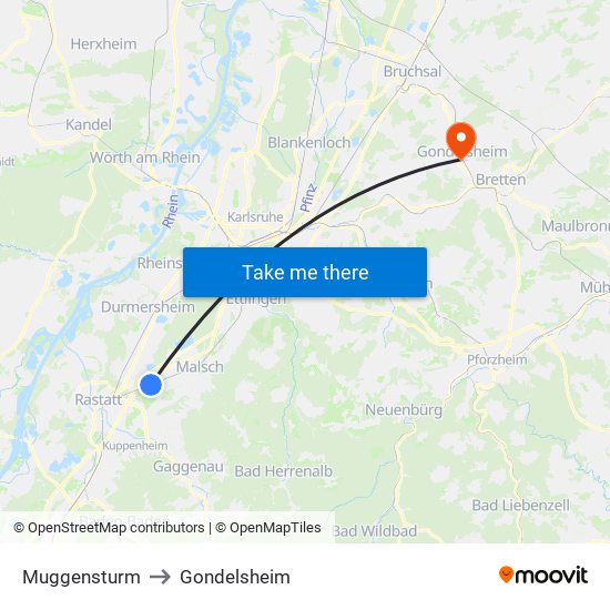 Muggensturm to Gondelsheim map