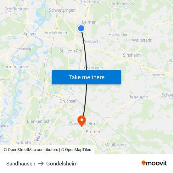 Sandhausen to Gondelsheim map