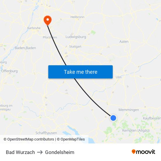 Bad Wurzach to Gondelsheim map