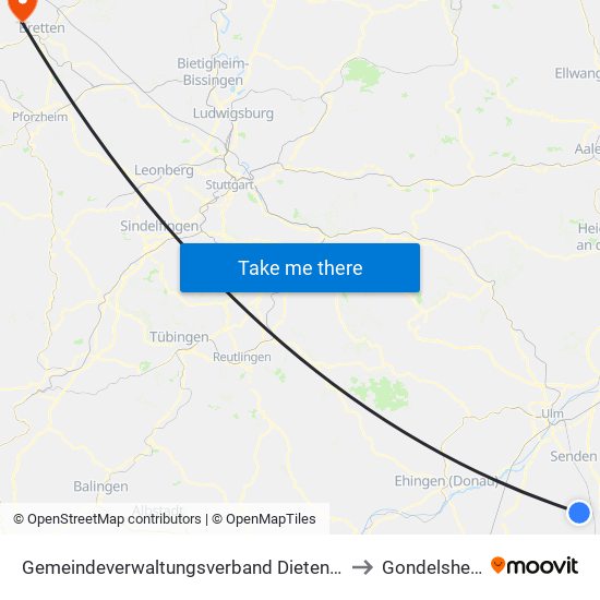 Gemeindeverwaltungsverband Dietenheim to Gondelsheim map