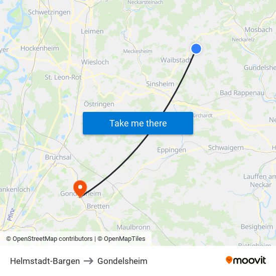 Helmstadt-Bargen to Gondelsheim map