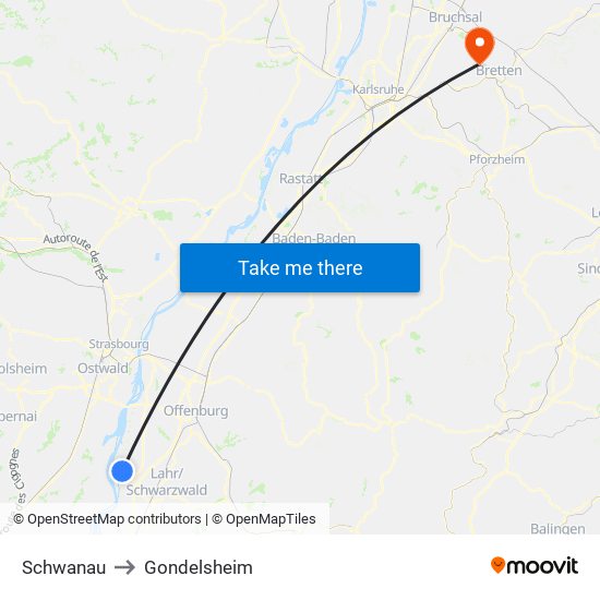 Schwanau to Gondelsheim map