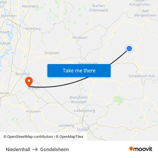 Niedernhall to Gondelsheim map