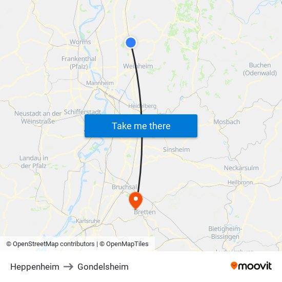 Heppenheim to Gondelsheim map
