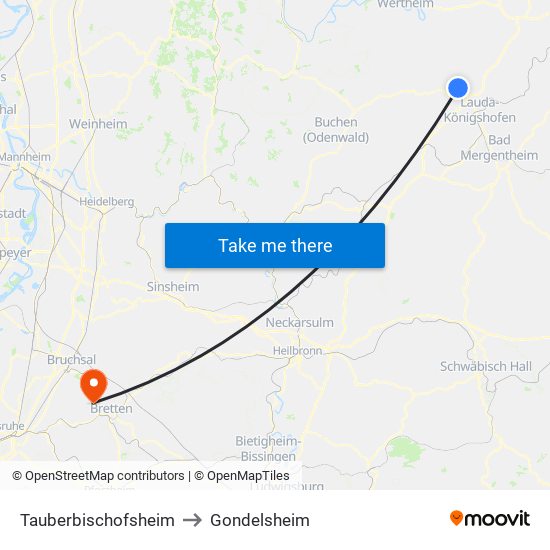 Tauberbischofsheim to Gondelsheim map