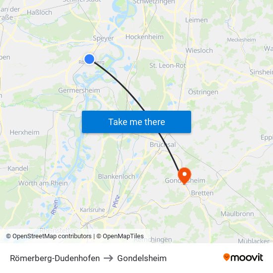 Römerberg-Dudenhofen to Gondelsheim map