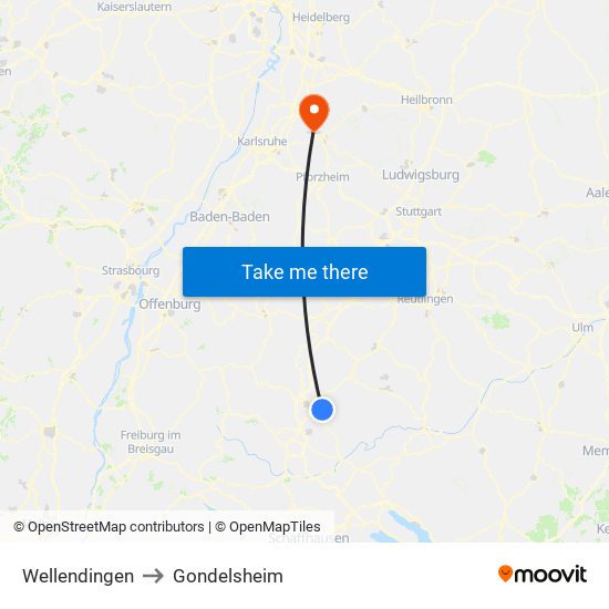 Wellendingen to Gondelsheim map