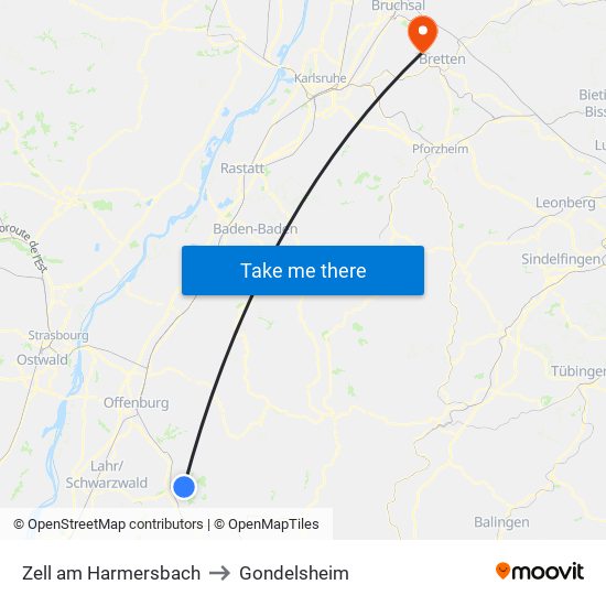 Zell am Harmersbach to Gondelsheim map