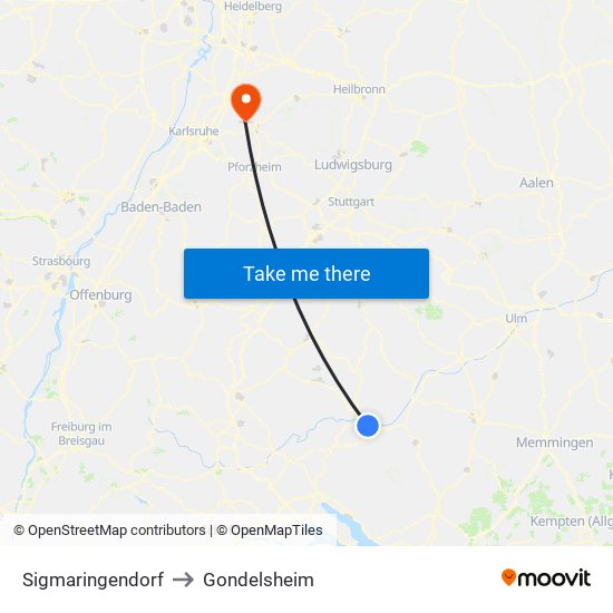 Sigmaringendorf to Gondelsheim map