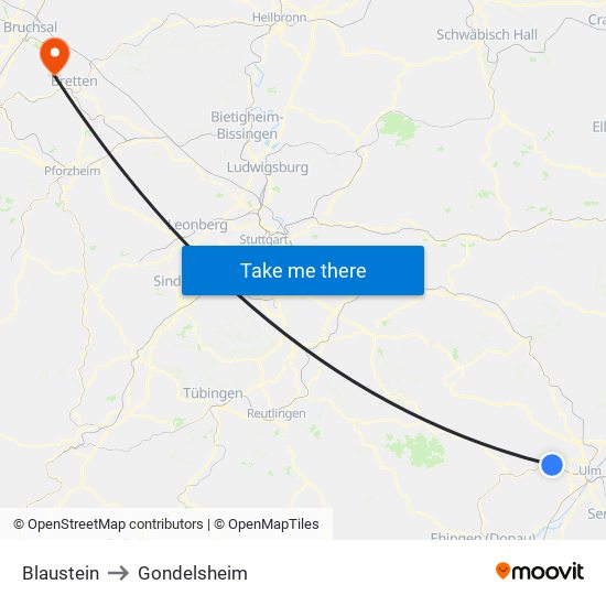 Blaustein to Gondelsheim map