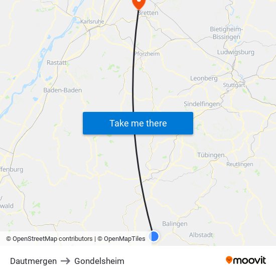 Dautmergen to Gondelsheim map