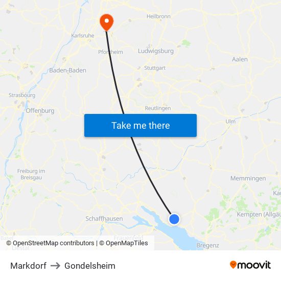 Markdorf to Gondelsheim map