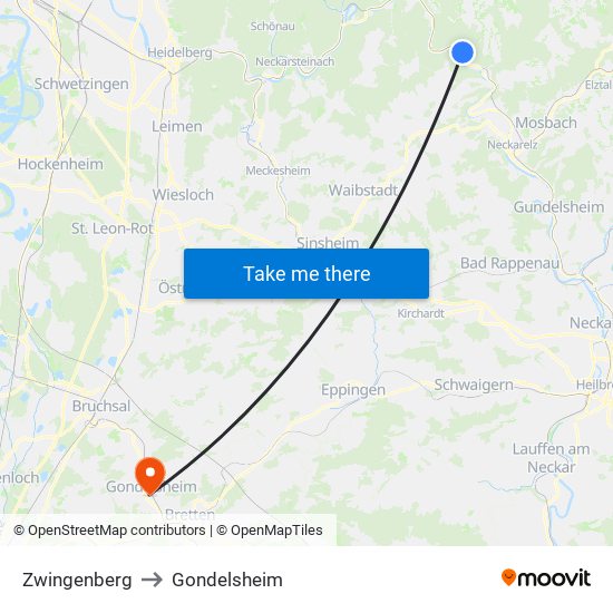 Zwingenberg to Gondelsheim map