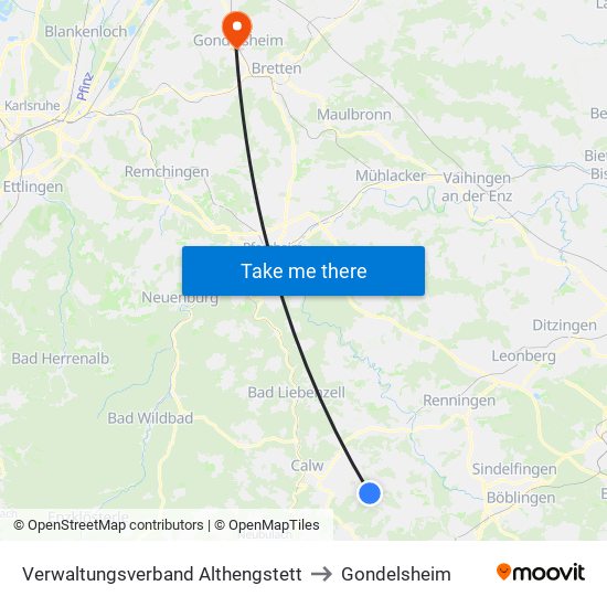 Verwaltungsverband Althengstett to Gondelsheim map