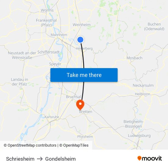 Schriesheim to Gondelsheim map