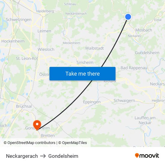 Neckargerach to Gondelsheim map