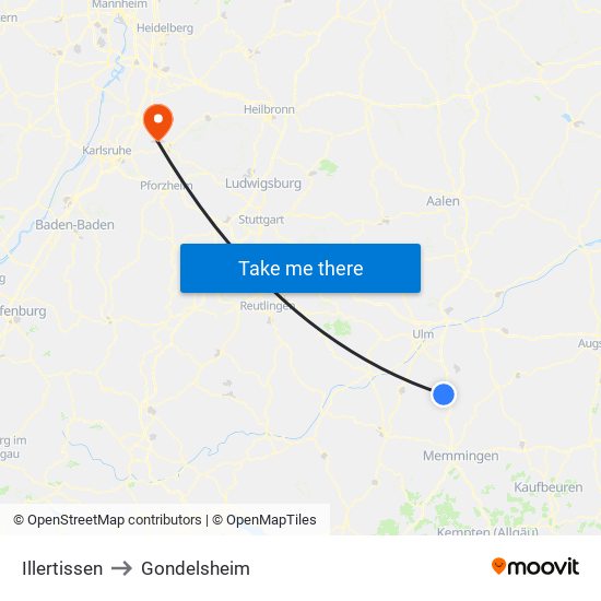 Illertissen to Gondelsheim map