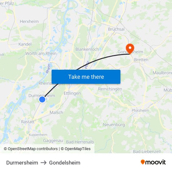Durmersheim to Gondelsheim map