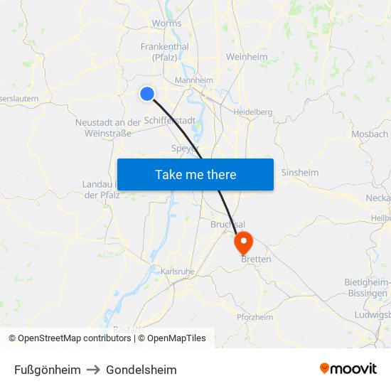 Fußgönheim to Gondelsheim map