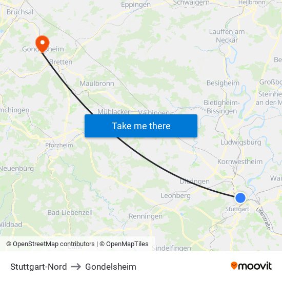 Stuttgart-Nord to Gondelsheim map