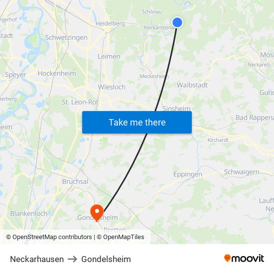 Neckarhausen to Gondelsheim map