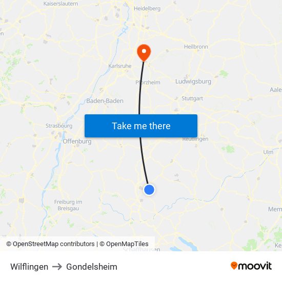 Wilflingen to Gondelsheim map