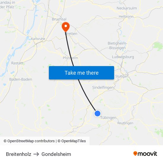 Breitenholz to Gondelsheim map