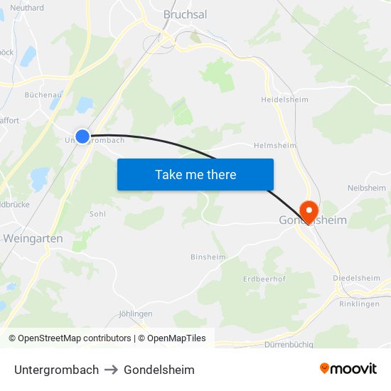 Untergrombach to Gondelsheim map