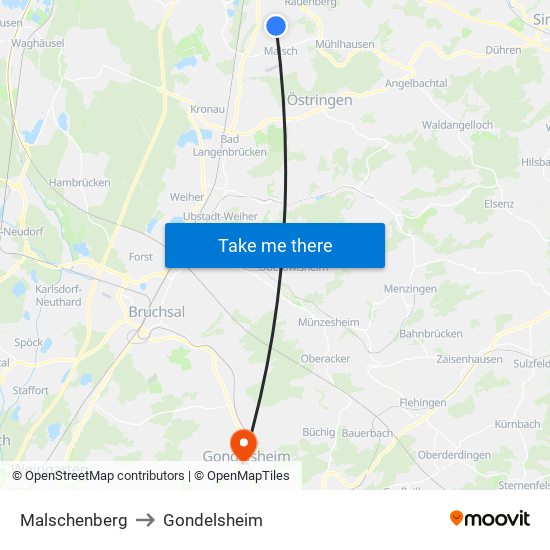 Malschenberg to Gondelsheim map