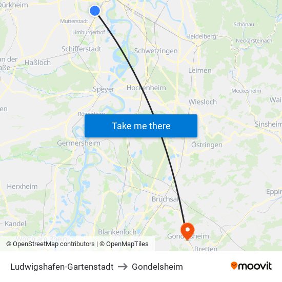 Ludwigshafen-Gartenstadt to Gondelsheim map