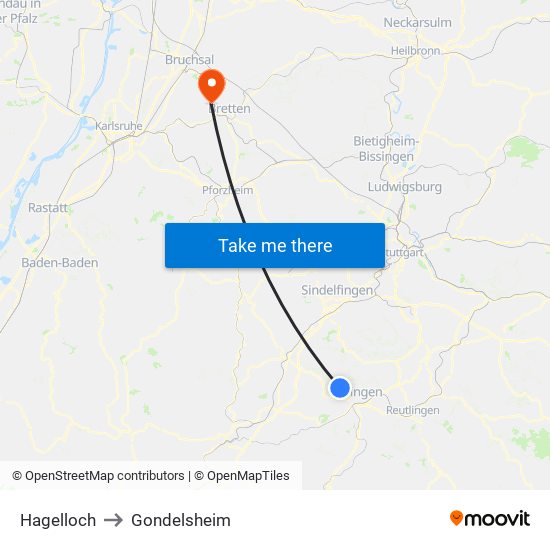 Hagelloch to Gondelsheim map