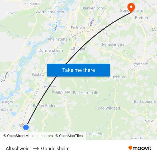 Altschweier to Gondelsheim map