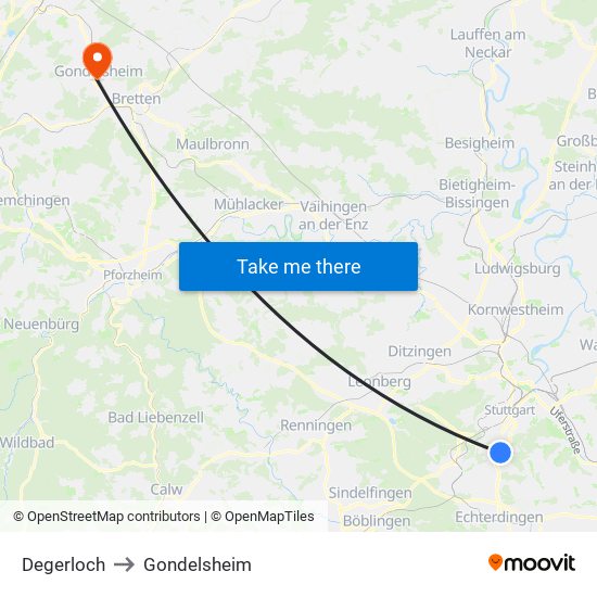 Degerloch to Gondelsheim map