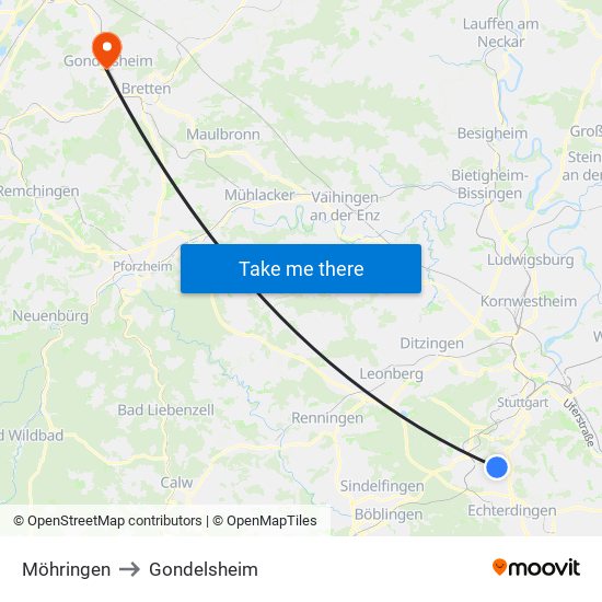 Möhringen to Gondelsheim map