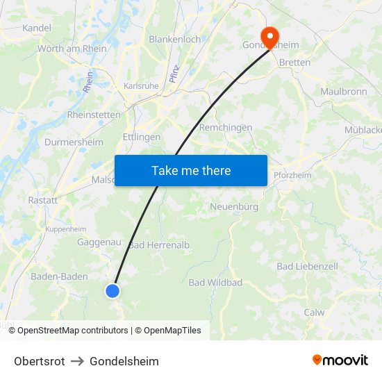 Obertsrot to Gondelsheim map