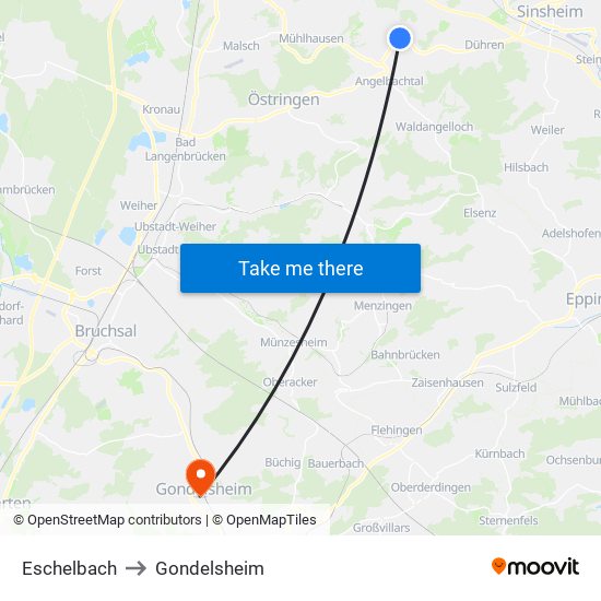 Eschelbach to Gondelsheim map
