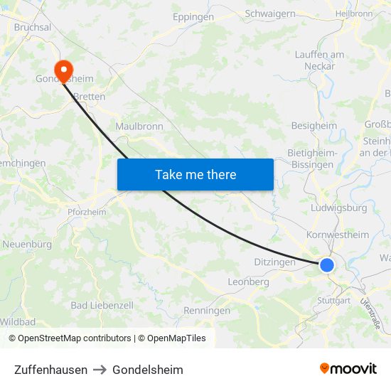 Zuffenhausen to Gondelsheim map