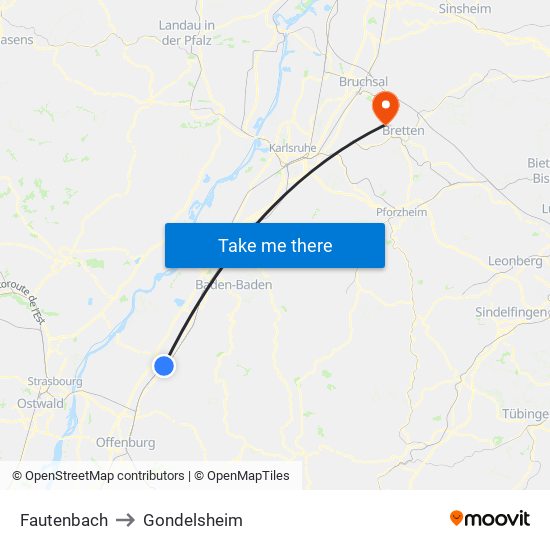 Fautenbach to Gondelsheim map