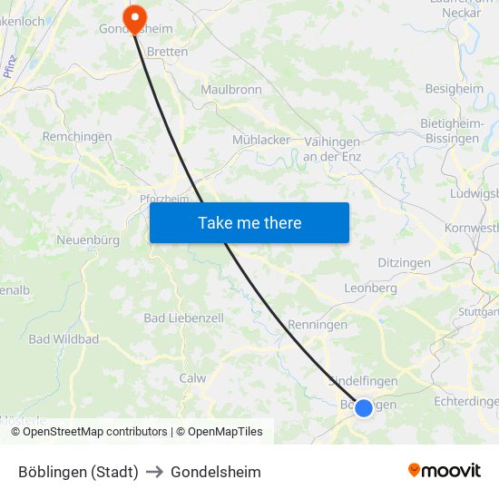 Böblingen (Stadt) to Gondelsheim map