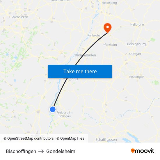 Bischoffingen to Gondelsheim map