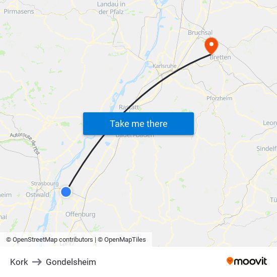 Kork to Gondelsheim map