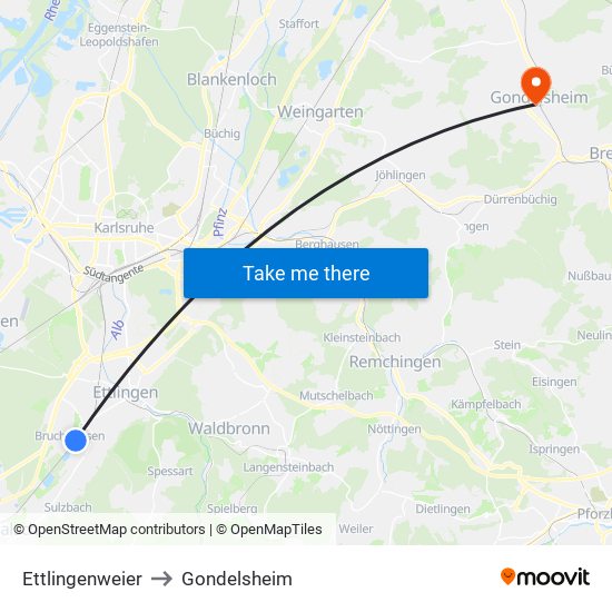 Ettlingenweier to Gondelsheim map