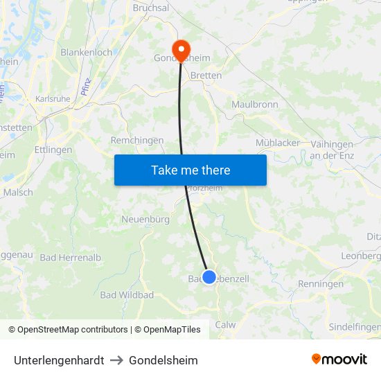 Unterlengenhardt to Gondelsheim map