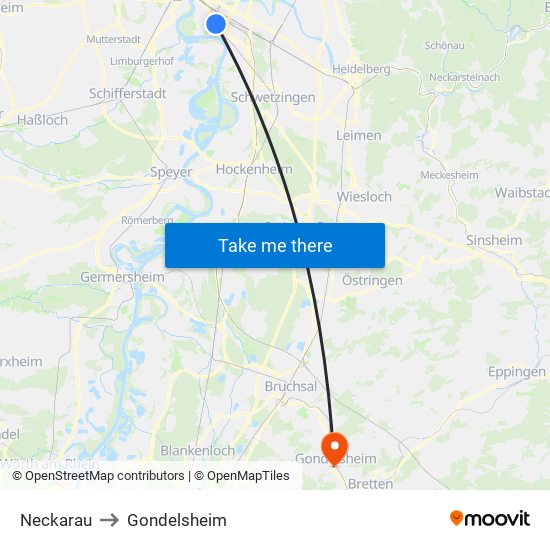 Neckarau to Gondelsheim map