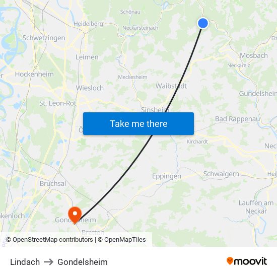 Lindach to Gondelsheim map