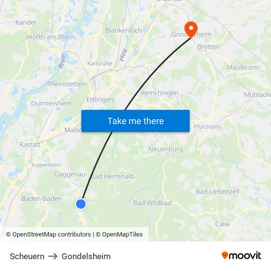 Scheuern to Gondelsheim map